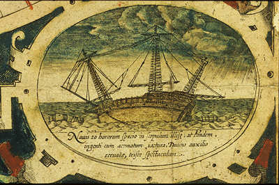 A painting of a ship aground