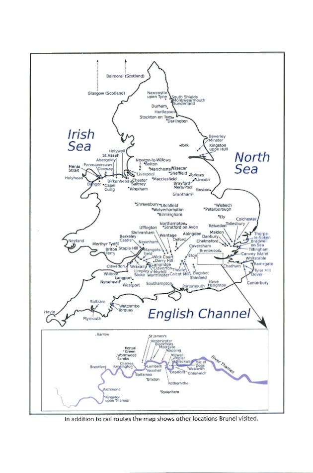 A sample page of "I. K. Brunel: The Nuts & Bolts": a map of England and Wales, with an inset map of the River Thames in London, showing locations Brunel visited