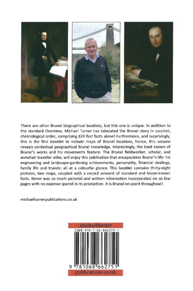 The back cover of "I. K. Brunel: The Nuts & Bolts" including pictures of Brunel and the author, a synopsis of the booklet and a bar code representing the ISBN of the booklet
