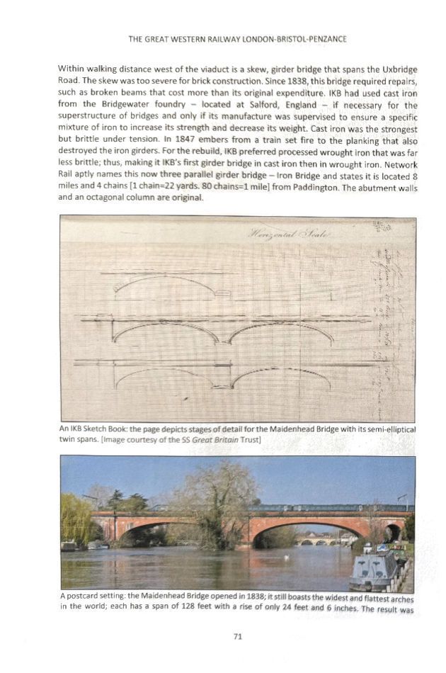 A sample page of "On the Tracks of Isambard Kingdom Brunel" showing a page from IKB's sketch book which depicts the design of the Maidenhead Bridge, and a photograph of the same bridge.