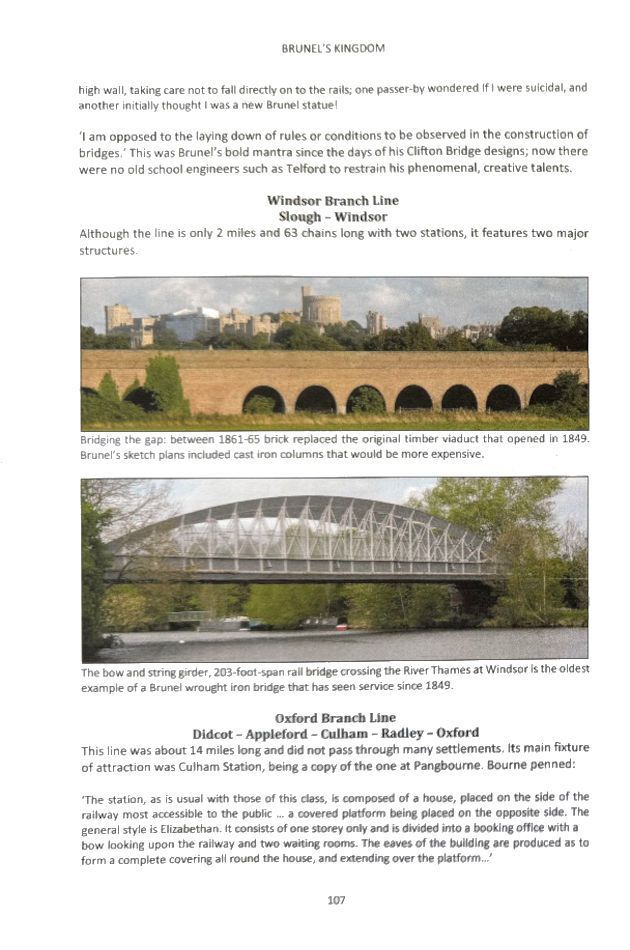 A sample page of "On the Tracks of Isambard Kingdom Brunel" showing photographs of a brick viaduct with Windsor Castle in the background, and the rail bridge over the River Thames at Windsor