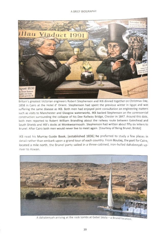 A sample page of "On the Tracks of Isambard Kingdom Brunel" showing a cartoon of Robert Stephenson and Brunel dining in Cairo on Christmas Day, and of a dahabeeyah (Nile passenger boat) arriving at the rock tombs of Gebel Silsila