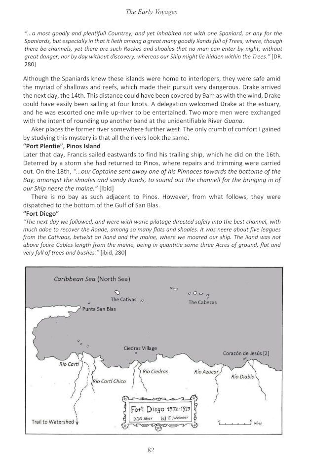 A sample page of "In the Wake of Sir Francis Drake Volume 1 - The Early Voyages" including a map of Fort Diego as it was 1572-1573