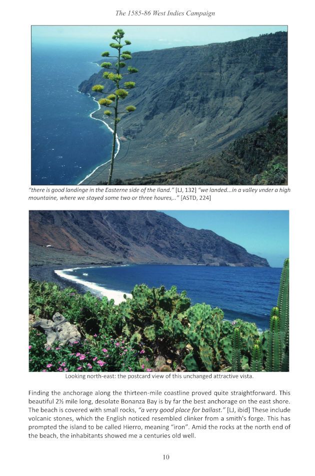 A sample page of "In the Wake of Sir Francis Drake Volume 3 – The Later Voyages" including photographs of Bonanza Bay