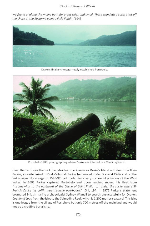 A sample page of "In the Wake of Sir Francis Drake Volume 3 – The Later Voyages" including photographs of Drake's final anchorage and of a cannon at Portobelo where Drake was buried at sea