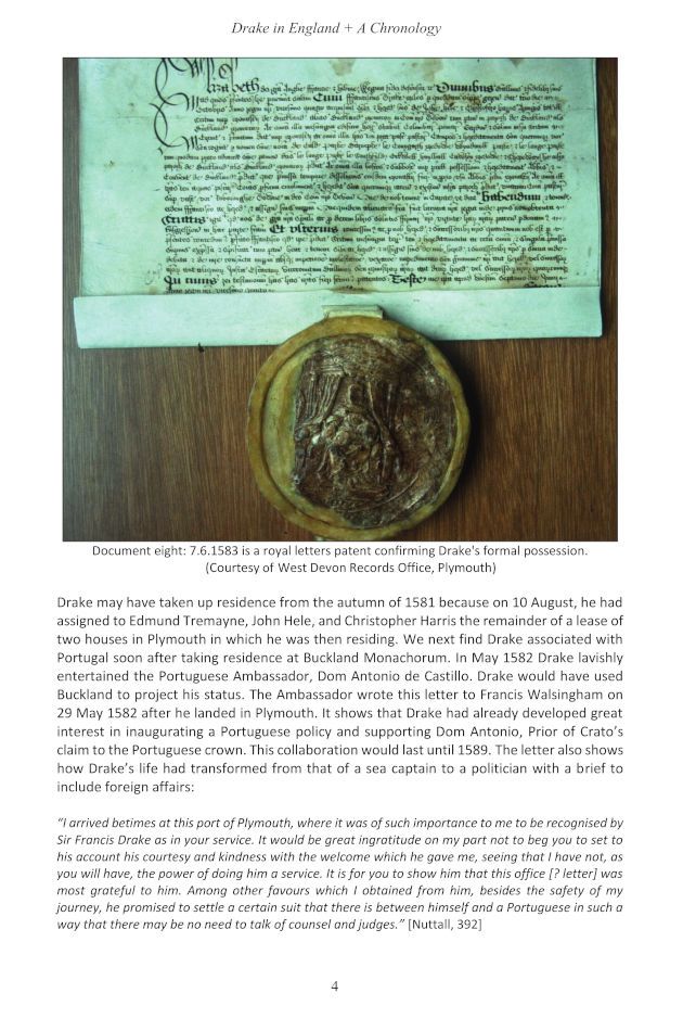 A sample page of "In the Wake of Sir Francis Drake Volume 4 - Drake in England" including a photograph of the royal letters patent confirming Drake's formal possession