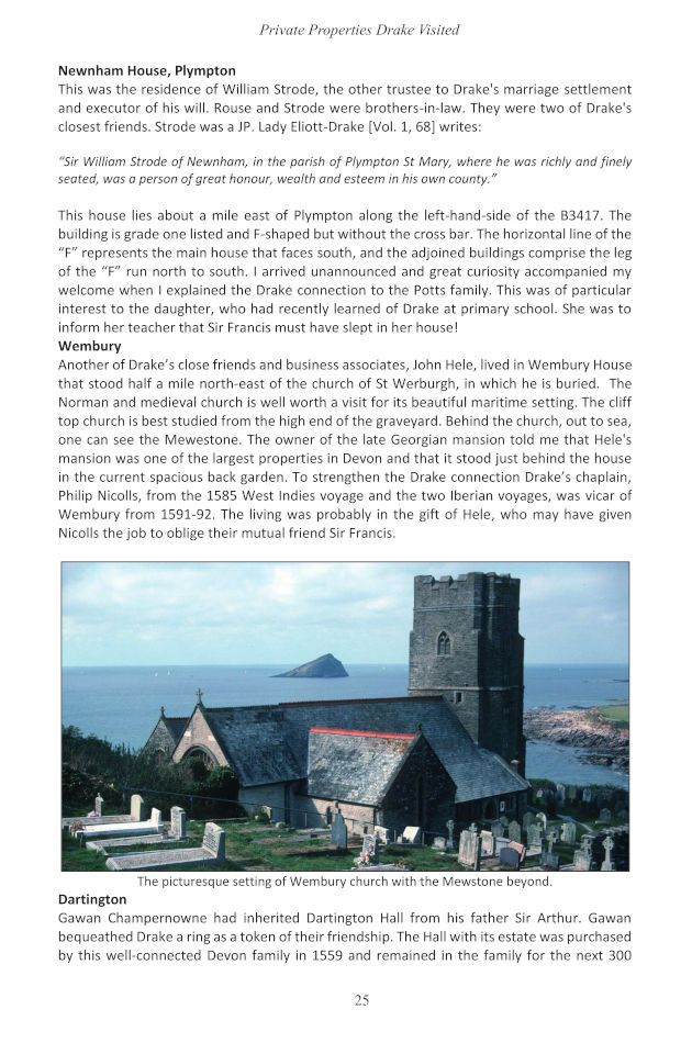 A sample page of "In the Wake of Sir Francis Drake Volume 4 - Drake in England" including a photograph of Wembury church with Mewstone beyond