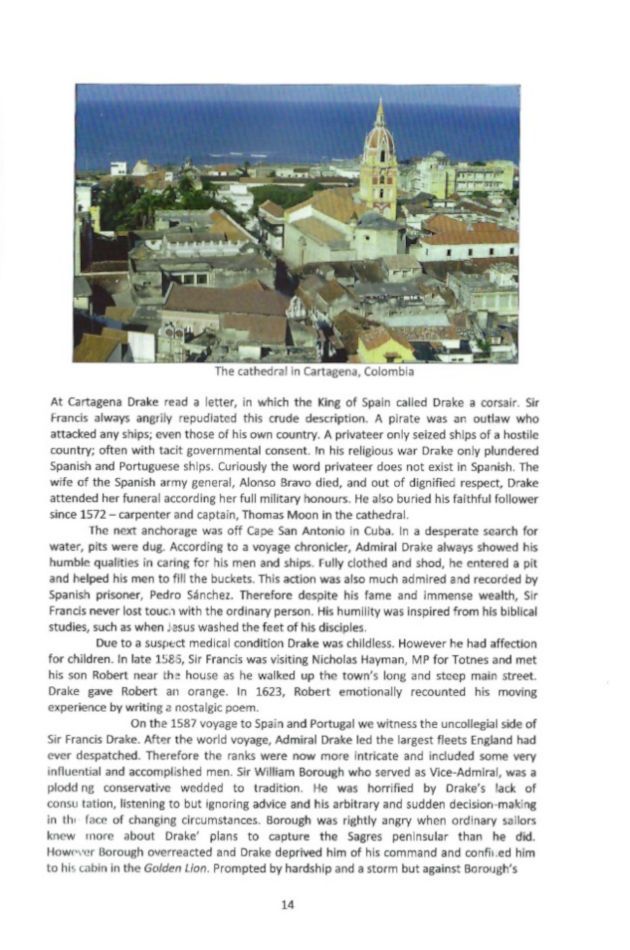 A sample page of "Sir Francis Drake & The Golden Hind" about Drake in Cartagena