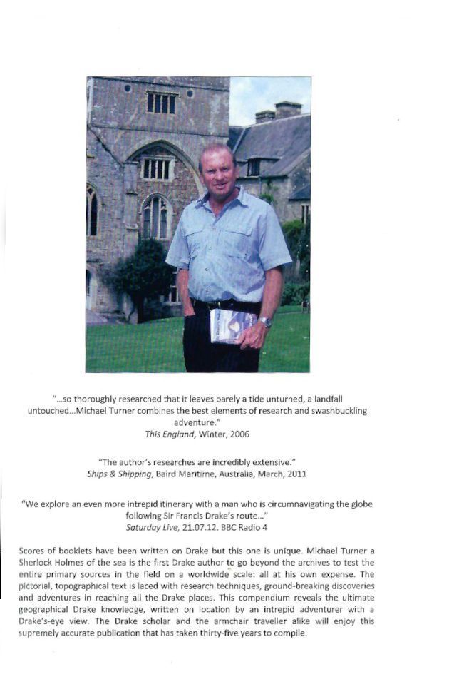 The back cover of "Sir Francis Drake & The Golden Hind" showing a photograph of the author in front of Buckland Abbey and holding a volume of his series, "In the Wake of Sir Francis Drake"