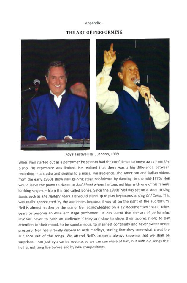 A sample page of "Appreciating Neil Sedaka" including two photographs of Sedaka performing at the Royal Festival Hall in 1999
