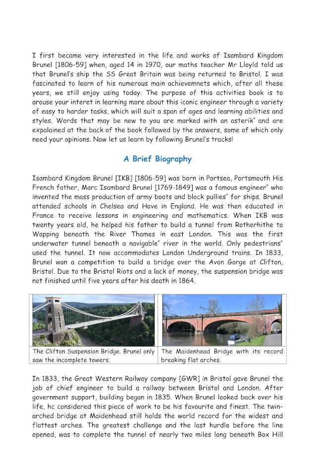 A sample page of "The Isambard Kingdom Brunel Children's Activity Book" including photographs of The Clifton Suspension Bridge and the Maidenhead Bridge.