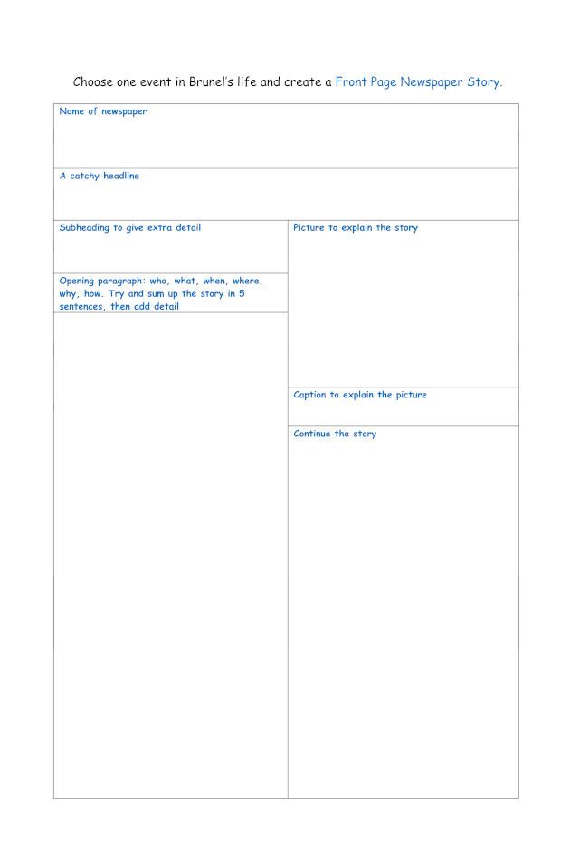 A sample page of "The Isambard Kingdom Brunel Children's Activity Book": a task to create a newspaper story about an event in Brunel's life