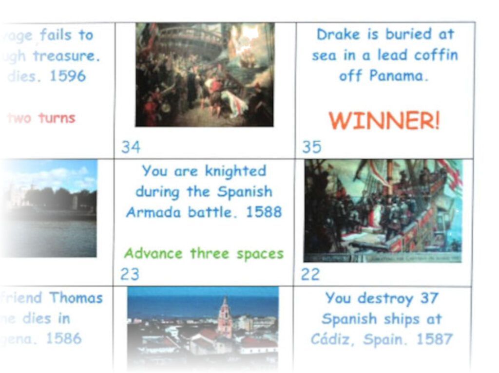 Part of the board of The Sir Francis Drake Board Game showing just 9 of the 35 squares
