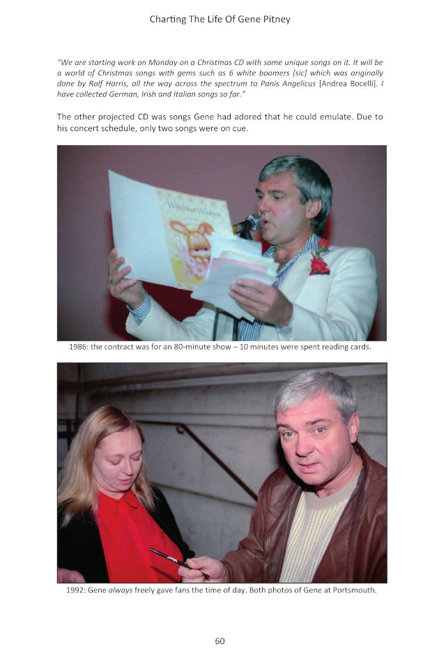 A sample page including a photographs Pitney reading cards from well-wishers and meeting a fan
