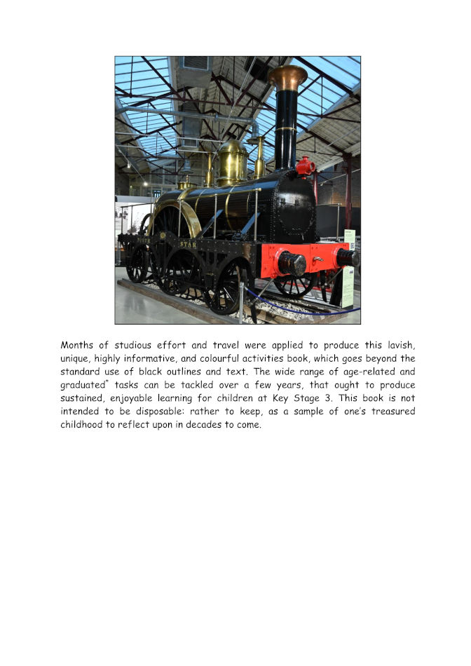 The back cover of "The Isambard Kingdom Brunel Children's Activity Book" including a photograph of a replica of Robert Stephenson's locomotive, North Star and a synopsis of the book